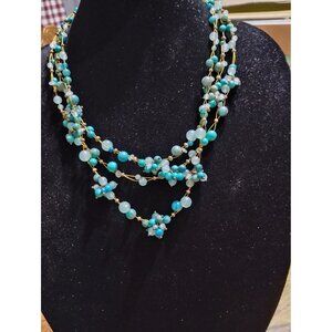 Coldwater Creek 3 strand beaded necklace turquoise color, white beads, wire chai